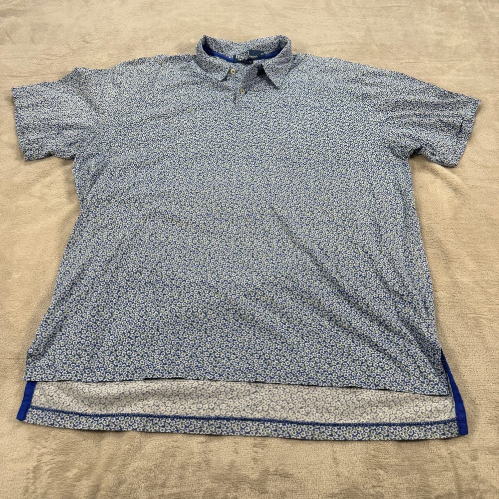 Polo Ralph Lauren Mens XL Blue White Micro Floral Cotton Short Sleeve Polo Shirt